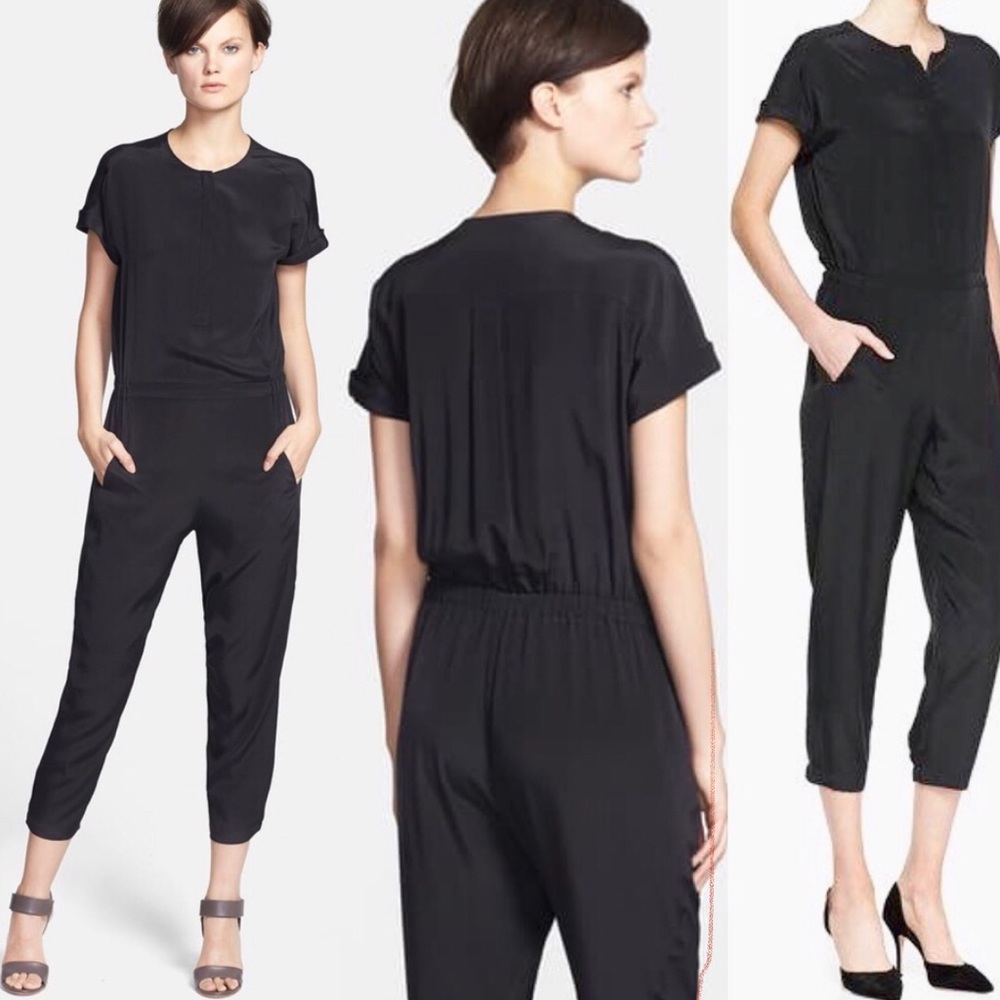 Vince Womens Black Zip Cap Sleeve Pockets Jumpsuit